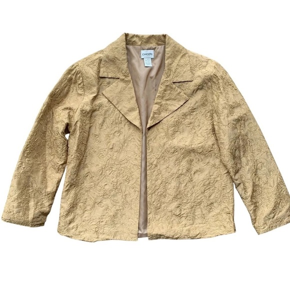 Chicos Cropped Embroidered Silk Open Front Jacket Tan Gold Size 1 / M - Picture 1 of 6